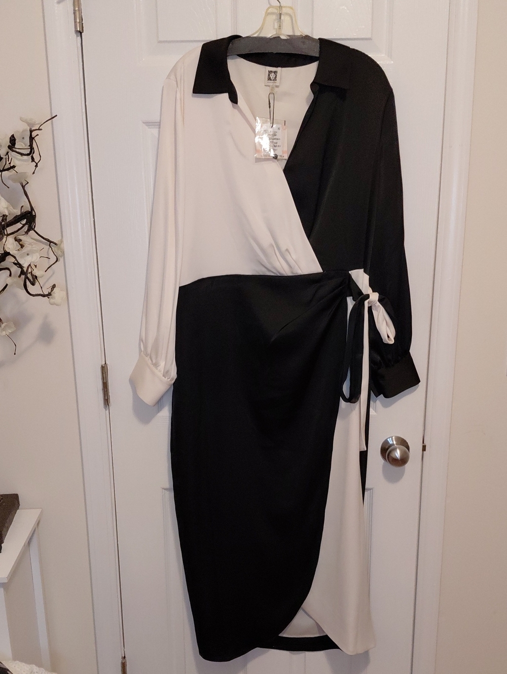 Anne Klein Black and White Colorblock Wrap Midi Dress